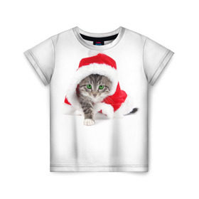 Детская футболка 3D с принтом Новогодняя Киса , 100% гипоаллергенный полиэфир | прямой крой, круглый вырез горловины, длина до линии бедер, чуть спущенное плечо, ткань немного тянется | Тематика изображения на принте: cat | christmas | new year | winter | дед мороз | зима | кисы | кошки | новый год | рождество