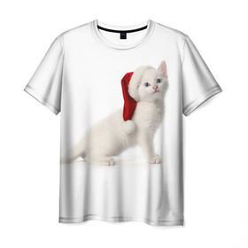 Мужская футболка 3D с принтом Киса в Шапочке , 100% полиэфир | прямой крой, круглый вырез горловины, длина до линии бедер | Тематика изображения на принте: cat | christmas | new year | winter | дед мороз | зима | кисы | кошки | новый год | рождество