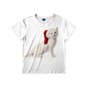 Детская футболка 3D с принтом Киса в Шапочке , 100% гипоаллергенный полиэфир | прямой крой, круглый вырез горловины, длина до линии бедер, чуть спущенное плечо, ткань немного тянется | Тематика изображения на принте: cat | christmas | new year | winter | дед мороз | зима | кисы | кошки | новый год | рождество