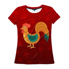 Женская футболка 3D с принтом Год петуха , 100% полиэфир ( синтетическое хлопкоподобное полотно) | прямой крой, круглый вырез горловины, длина до линии бедер | год петуха | красный | новый год | огненный петух | петух | снежинки