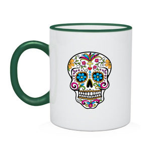 Кружка двухцветная с принтом День Мертвых , керамика | объем — 330 мл, диаметр — 80 мм. Цветная ручка и кайма сверху, в некоторых цветах — вся внутренняя часть | день мертвых | мексика | туризм | череп