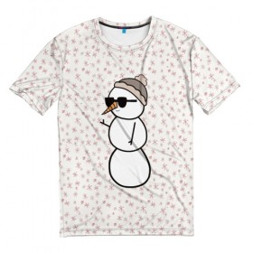 Мужская футболка 3D с принтом Крутой снеговик 2 , 100% полиэфир | прямой крой, круглый вырез горловины, длина до линии бедер | зима | новогодний | очки | паттерн | рождество | снежинки