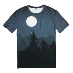 Мужская футболка 3D с принтом Ночная пагода , 100% полиэфир | прямой крой, круглый вырез горловины, длина до линии бедер | восточный | горы | луна | пейзаж