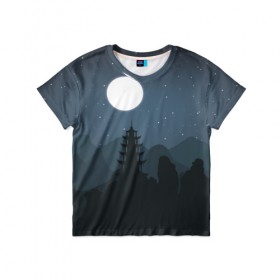 Детская футболка 3D с принтом Ночная пагода , 100% гипоаллергенный полиэфир | прямой крой, круглый вырез горловины, длина до линии бедер, чуть спущенное плечо, ткань немного тянется | восточный | горы | луна | пейзаж