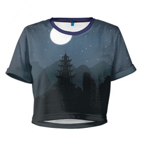 Женская футболка 3D укороченная с принтом Ночная пагода , 100% полиэстер | круглая горловина, длина футболки до линии талии, рукава с отворотами | восточный | горы | луна | пейзаж
