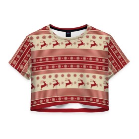 Женская футболка 3D укороченная с принтом Зимние олени , 100% полиэстер | круглая горловина, длина футболки до линии талии, рукава с отворотами | happy new year | ёлка | зима | олень | праздник | снег | снежинка