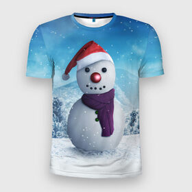 Мужская футболка 3D спортивная с принтом Снеговик , 100% полиэстер с улучшенными характеристиками | приталенный силуэт, круглая горловина, широкие плечи, сужается к линии бедра | Тематика изображения на принте: happy new year | блеск | ёлка | зима | игрушки. праздник | конфетти | новый год | подарки | снег