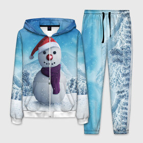 Мужской костюм 3D с принтом Снеговик , 100% полиэстер | Манжеты и пояс оформлены тканевой резинкой, двухслойный капюшон со шнурком для регулировки, карманы спереди | happy new year | блеск | ёлка | зима | игрушки. праздник | конфетти | новый год | подарки | снег