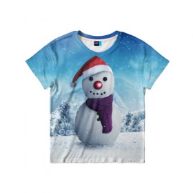 Детская футболка 3D с принтом Снеговик , 100% гипоаллергенный полиэфир | прямой крой, круглый вырез горловины, длина до линии бедер, чуть спущенное плечо, ткань немного тянется | Тематика изображения на принте: happy new year | блеск | ёлка | зима | игрушки. праздник | конфетти | новый год | подарки | снег