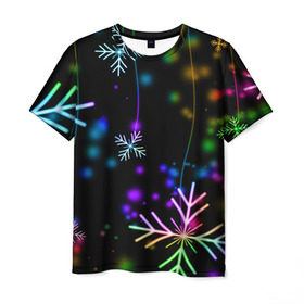 Мужская футболка 3D с принтом Новогодняя ночь , 100% полиэфир | прямой крой, круглый вырез горловины, длина до линии бедер | Тематика изображения на принте: happy new year | конфетти | снежинки