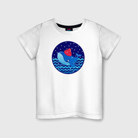 Детская футболка хлопок с принтом Синий кит зимой , 100% хлопок | круглый вырез горловины, полуприлегающий силуэт, длина до линии бедер | Тематика изображения на принте: большой синий кит | волны | зима | новый год | океан | синий кит в шапке | снег