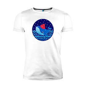 Мужская футболка премиум с принтом Синий кит зимой , 92% хлопок, 8% лайкра | приталенный силуэт, круглый вырез ворота, длина до линии бедра, короткий рукав | большой синий кит | волны | зима | новый год | океан | синий кит в шапке | снег