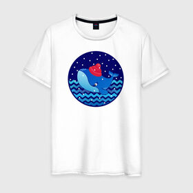 Мужская футболка хлопок с принтом Синий кит зимой , 100% хлопок | прямой крой, круглый вырез горловины, длина до линии бедер, слегка спущенное плечо. | большой синий кит | волны | зима | новый год | океан | синий кит в шапке | снег