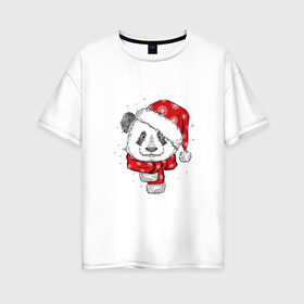 Женская футболка хлопок Oversize с принтом Панда-санта , 100% хлопок | свободный крой, круглый ворот, спущенный рукав, длина до линии бедер
 | christmas | new year | winter | зима | новый год | рождество