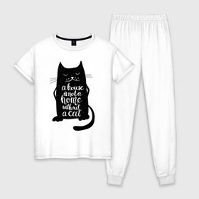Женская пижама хлопок с принтом Черный кот , 100% хлопок | брюки и футболка прямого кроя, без карманов, на брюках мягкая резинка на поясе и по низу штанин | кот | котенок | кошка | мяу