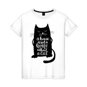 Женская футболка хлопок с принтом Черный кот , 100% хлопок | прямой крой, круглый вырез горловины, длина до линии бедер, слегка спущенное плечо | кот | котенок | кошка | мяу