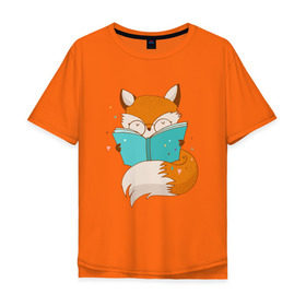 Мужская футболка хлопок Oversize с принтом Лисица с книгой , 100% хлопок | свободный крой, круглый ворот, “спинка” длиннее передней части | Тематика изображения на принте: лиса | лисенок | лисица | лисичка