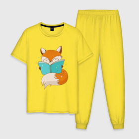 Мужская пижама хлопок с принтом Лисица с книгой , 100% хлопок | брюки и футболка прямого кроя, без карманов, на брюках мягкая резинка на поясе и по низу штанин
 | Тематика изображения на принте: лиса | лисенок | лисица | лисичка