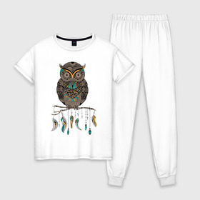 Женская пижама хлопок с принтом Совушка , 100% хлопок | брюки и футболка прямого кроя, без карманов, на брюках мягкая резинка на поясе и по низу штанин | Тематика изображения на принте: сова | филин