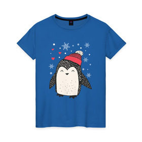 Женская футболка хлопок с принтом Пингвин в шапке , 100% хлопок | прямой крой, круглый вырез горловины, длина до линии бедер, слегка спущенное плечо | christmas | new year | winter | зима | новый год | пингвин | рождество