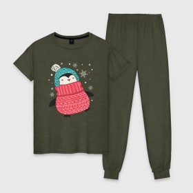 Женская пижама хлопок с принтом Зимний пингвин , 100% хлопок | брюки и футболка прямого кроя, без карманов, на брюках мягкая резинка на поясе и по низу штанин | christmas | new year | winter | зима | новый год | пингвин | рождество
