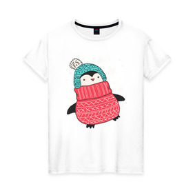 Женская футболка хлопок с принтом Зимний пингвин , 100% хлопок | прямой крой, круглый вырез горловины, длина до линии бедер, слегка спущенное плечо | christmas | new year | winter | зима | новый год | пингвин | рождество