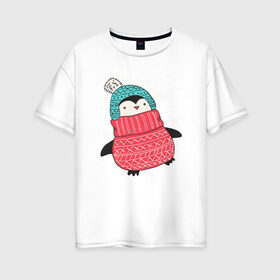 Женская футболка хлопок Oversize с принтом Зимний пингвин , 100% хлопок | свободный крой, круглый ворот, спущенный рукав, длина до линии бедер
 | christmas | new year | winter | зима | новый год | пингвин | рождество