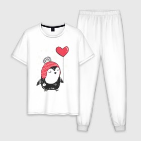 Мужская пижама хлопок с принтом Пингвин с шариком , 100% хлопок | брюки и футболка прямого кроя, без карманов, на брюках мягкая резинка на поясе и по низу штанин
 | Тематика изображения на принте: christmas | new year | winter | зима | новый год | пингвин | рождество