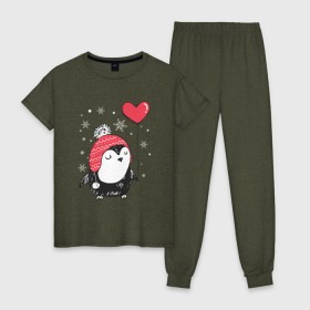 Женская пижама хлопок с принтом Пингвин с шариком , 100% хлопок | брюки и футболка прямого кроя, без карманов, на брюках мягкая резинка на поясе и по низу штанин | christmas | new year | winter | зима | новый год | пингвин | рождество