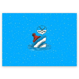 Поздравительная открытка с принтом Акула хоккейный фанат , 100% бумага | плотность бумаги 280 г/м2, матовая, на обратной стороне линовка и место для марки
 | fan | fish | hochey | ocean | predator | sea | shark | water | акула | вода | игра | лед | море | океан | рыба | фанат | хищник | хоккей | шайба