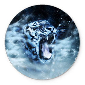 Коврик круглый с принтом Белый тигр , резина и полиэстер | круглая форма, изображение наносится на всю лицевую часть | Тематика изображения на принте: зима | клыки | метель | пасть | снег | тигр | хищник