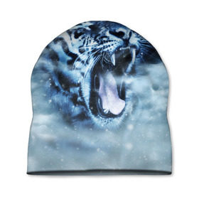 Шапка 3D с принтом Белый тигр , 100% полиэстер | универсальный размер, печать по всей поверхности изделия | зима | клыки | метель | пасть | снег | тигр | хищник