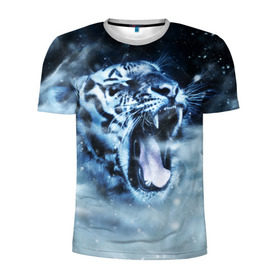 Мужская футболка 3D спортивная с принтом Белый тигр , 100% полиэстер с улучшенными характеристиками | приталенный силуэт, круглая горловина, широкие плечи, сужается к линии бедра | зима | клыки | метель | пасть | снег | тигр | хищник