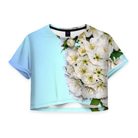 Женская футболка 3D укороченная с принтом Сакура , 100% полиэстер | круглая горловина, длина футболки до линии талии, рукава с отворотами | Тематика изображения на принте: вишня | сакура | яблоня | япония