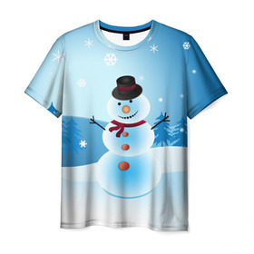 Мужская футболка 3D с принтом Снеговик , 100% полиэфир | прямой крой, круглый вырез горловины, длина до линии бедер | дед мороз | зима | новый год | праздник | снеговик | снежинки