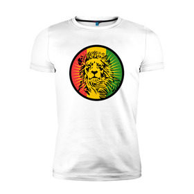 Мужская футболка премиум с принтом Ямайский лев , 92% хлопок, 8% лайкра | приталенный силуэт, круглый вырез ворота, длина до линии бедра, короткий рукав | Тематика изображения на принте: лев | раста | ямайка