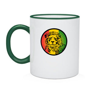 Кружка двухцветная с принтом Ямайский лев , керамика | объем — 330 мл, диаметр — 80 мм. Цветная ручка и кайма сверху, в некоторых цветах — вся внутренняя часть | лев | раста | ямайка