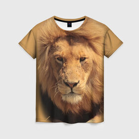 Женская футболка 3D с принтом Лев , 100% полиэфир ( синтетическое хлопкоподобное полотно) | прямой крой, круглый вырез горловины, длина до линии бедер | животные | кошка | лев | тигр | хищник