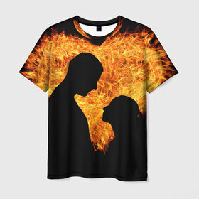 Мужская футболка 3D с принтом Огненная любовь , 100% полиэфир | прямой крой, круглый вырез горловины, длина до линии бедер | Тематика изображения на принте: любовь | огонь | пламя | сердце | танец