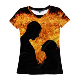 Женская футболка 3D с принтом Огненная любовь , 100% полиэфир ( синтетическое хлопкоподобное полотно) | прямой крой, круглый вырез горловины, длина до линии бедер | любовь | огонь | пламя | сердце | танец