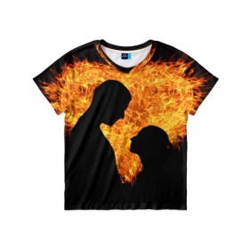 Детская футболка 3D с принтом Огненная любовь , 100% гипоаллергенный полиэфир | прямой крой, круглый вырез горловины, длина до линии бедер, чуть спущенное плечо, ткань немного тянется | Тематика изображения на принте: любовь | огонь | пламя | сердце | танец