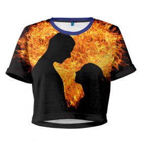 Женская футболка 3D укороченная с принтом Огненная любовь , 100% полиэстер | круглая горловина, длина футболки до линии талии, рукава с отворотами | любовь | огонь | пламя | сердце | танец