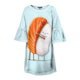 Детское платье 3D с принтом Суши друзья , 100% полиэстер | прямой силуэт, чуть расширенный к низу. Круглая горловина, на рукавах — воланы | Тематика изображения на принте: china | eat | fish | food | japan | sushi | лосось | прикол | рис | ролл | рыба | суши