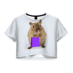 Женская футболка 3D укороченная с принтом Хомяк с сумкой , 100% полиэстер | круглая горловина, длина футболки до линии талии, рукава с отворотами | грызун | животные | крыса | мышь | хомяк | яблоко