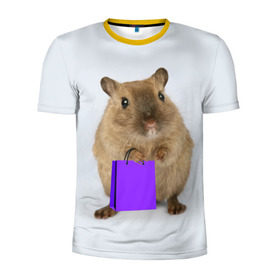 Мужская футболка 3D спортивная с принтом Хомяк с сумкой , 100% полиэстер с улучшенными характеристиками | приталенный силуэт, круглая горловина, широкие плечи, сужается к линии бедра | Тематика изображения на принте: грызун | животные | крыса | мышь | хомяк | яблоко