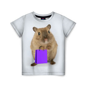 Детская футболка 3D с принтом Хомяк с сумкой , 100% гипоаллергенный полиэфир | прямой крой, круглый вырез горловины, длина до линии бедер, чуть спущенное плечо, ткань немного тянется | грызун | животные | крыса | мышь | хомяк | яблоко