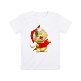 Детская футболка хлопок с принтом Новогодний котенок , 100% хлопок | круглый вырез горловины, полуприлегающий силуэт, длина до линии бедер | Тематика изображения на принте: 