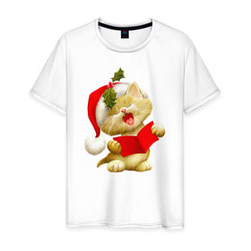 Мужская футболка хлопок с принтом Новогодний котенок , 100% хлопок | прямой крой, круглый вырез горловины, длина до линии бедер, слегка спущенное плечо. | 