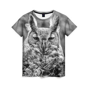 Женская футболка 3D с принтом Филин , 100% полиэфир ( синтетическое хлопкоподобное полотно) | прямой крой, круглый вырез горловины, длина до линии бедер | bird | nest | night | nocturnal | owl | predator | гнездо | ночной | птица | сова | филин | хищник