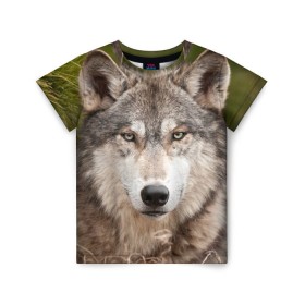 Детская футболка 3D с принтом Волк , 100% гипоаллергенный полиэфир | прямой крой, круглый вырез горловины, длина до линии бедер, чуть спущенное плечо, ткань немного тянется | animal | eyes | forest | predator | wild | wolf | взгляд | волк | дикий | животное | зверь | лес | хищник